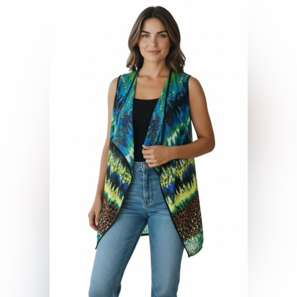 Alamour Sleeveless Open-Front Abstract Print Drape Vest